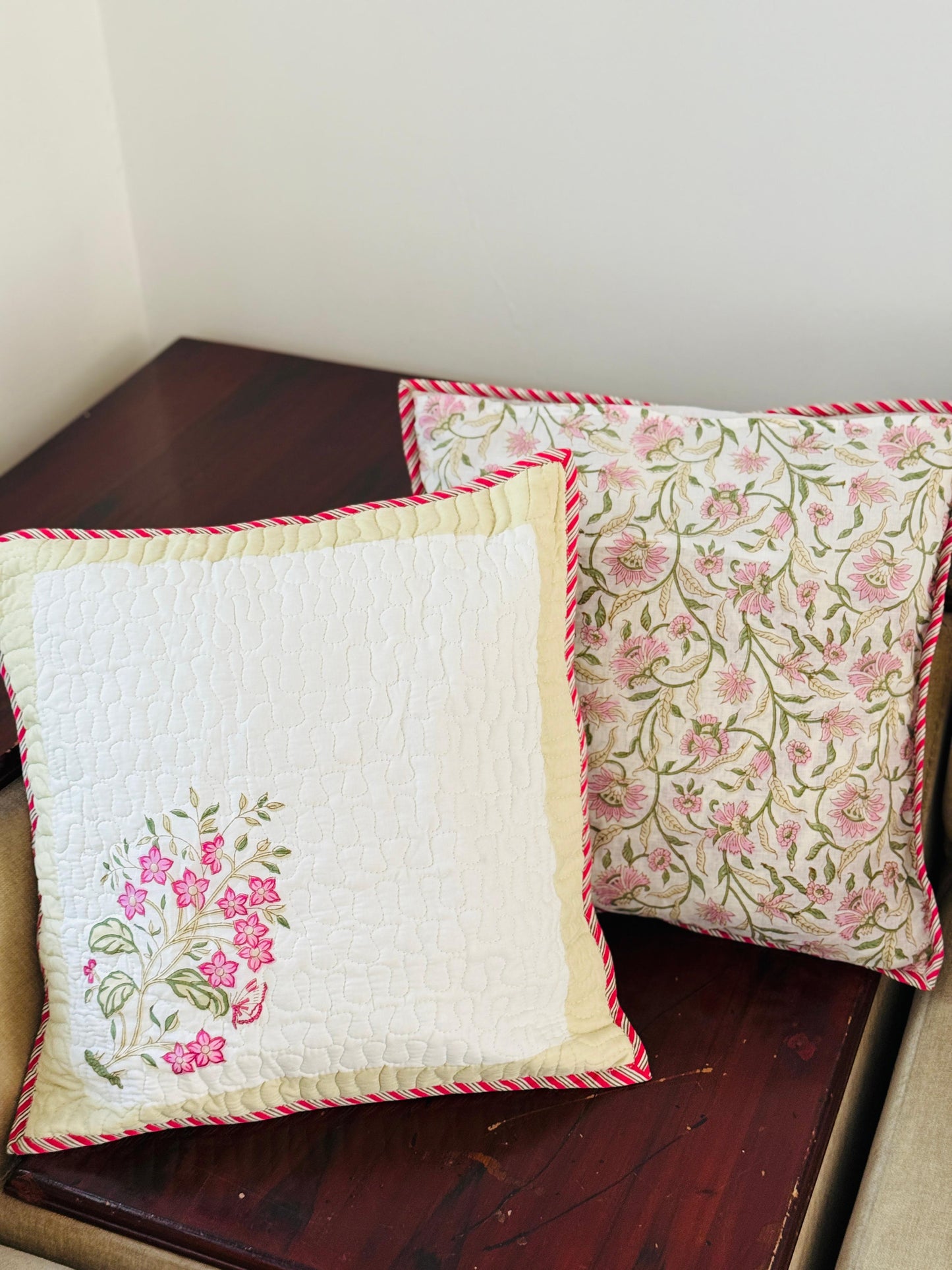 Hand blocked quilted cushion cover (set of 2)
