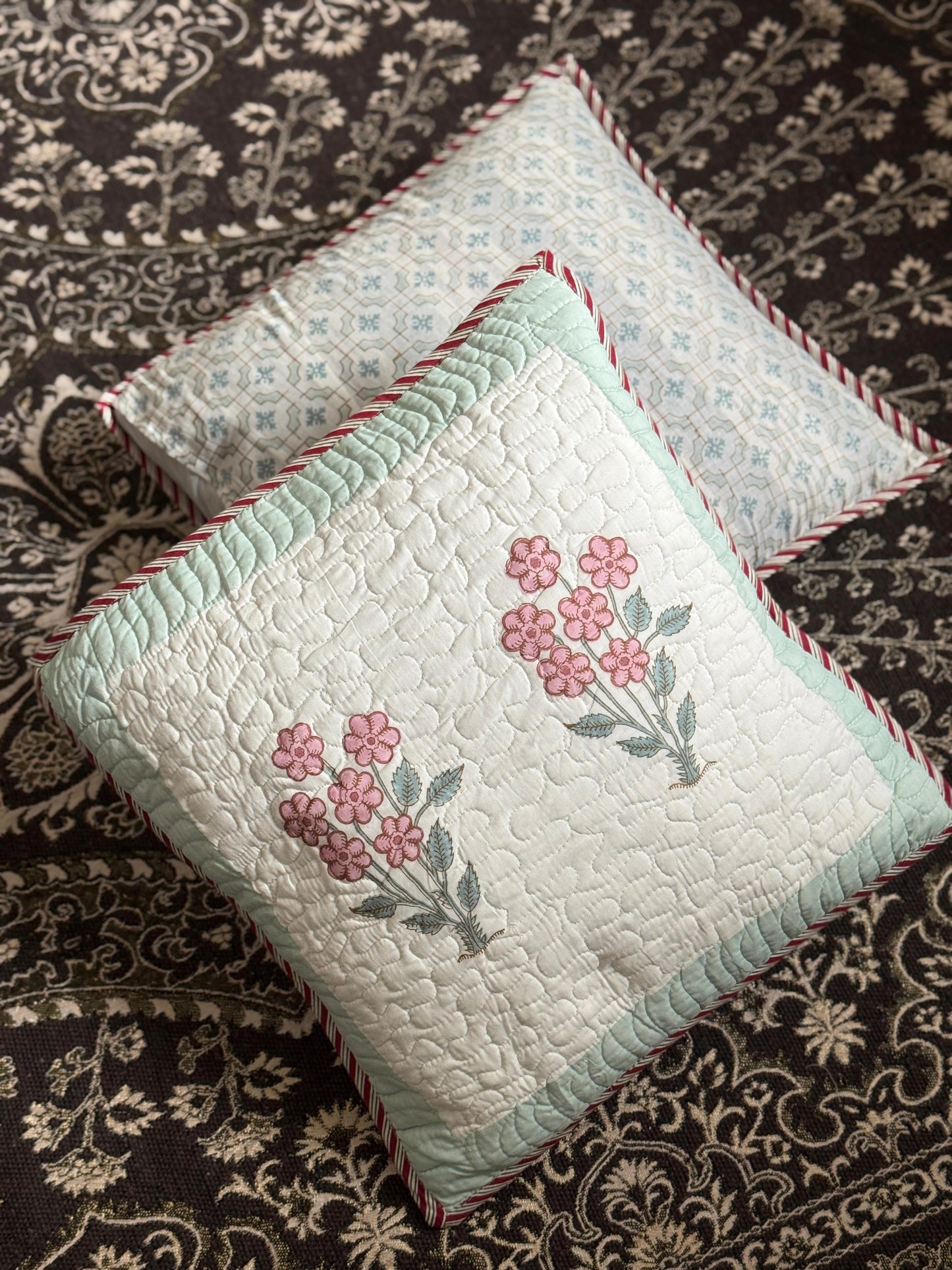 Hand blocked quilted cushion cover (set of 2)