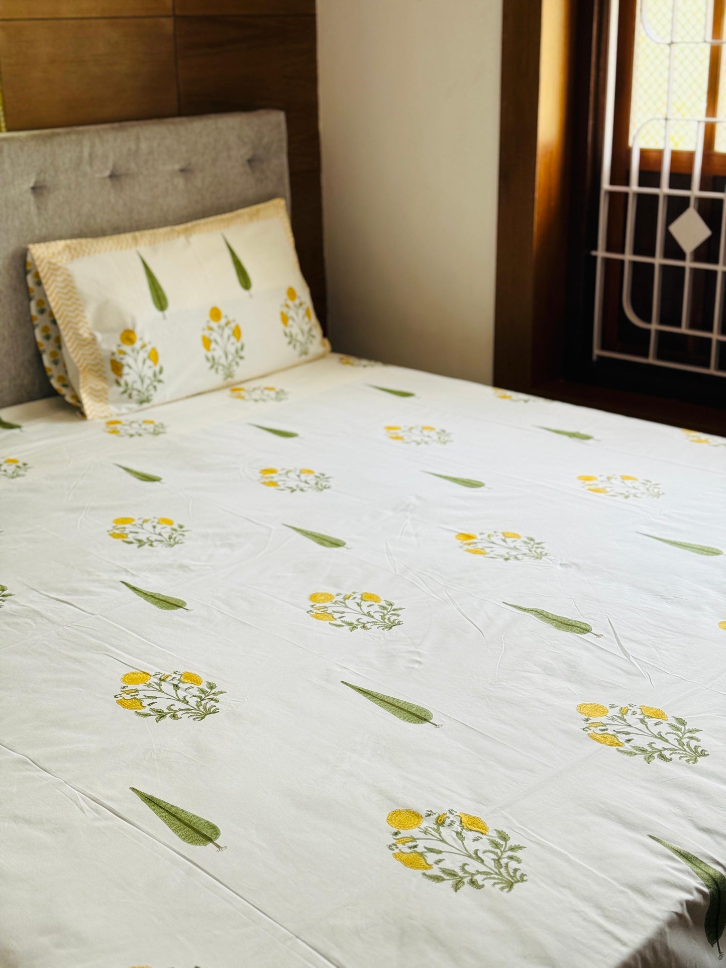 SUNLIT PETALS - Block printed bed sheet set
