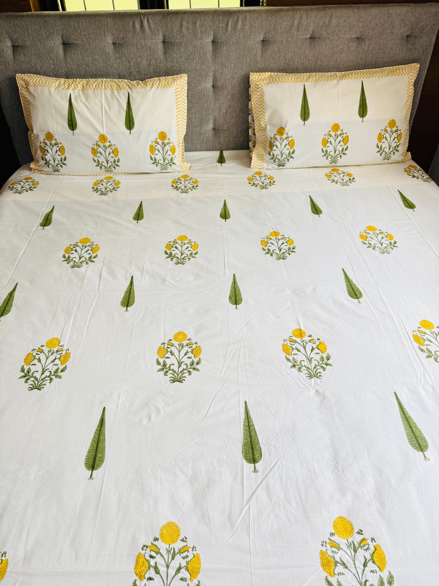SUNLIT PETALS - Block printed bed sheet set
