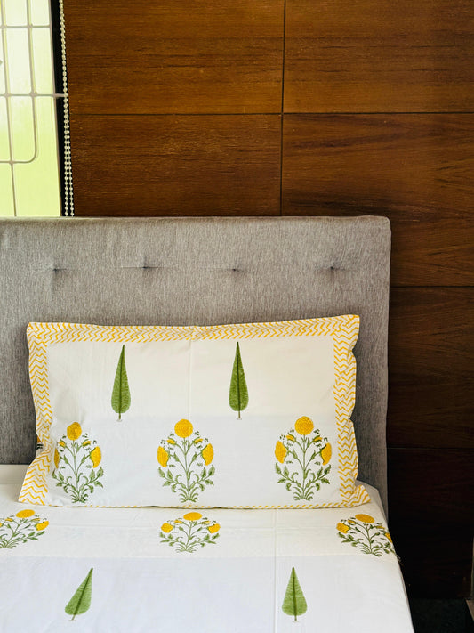 SUNLIT PETALS - Block printed bed sheet set
