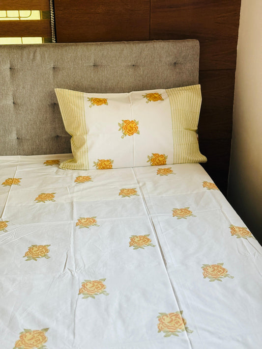 GOLDEN ROSE - Block printed bed sheet set