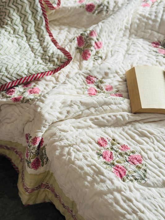 Block printed muslin quilt