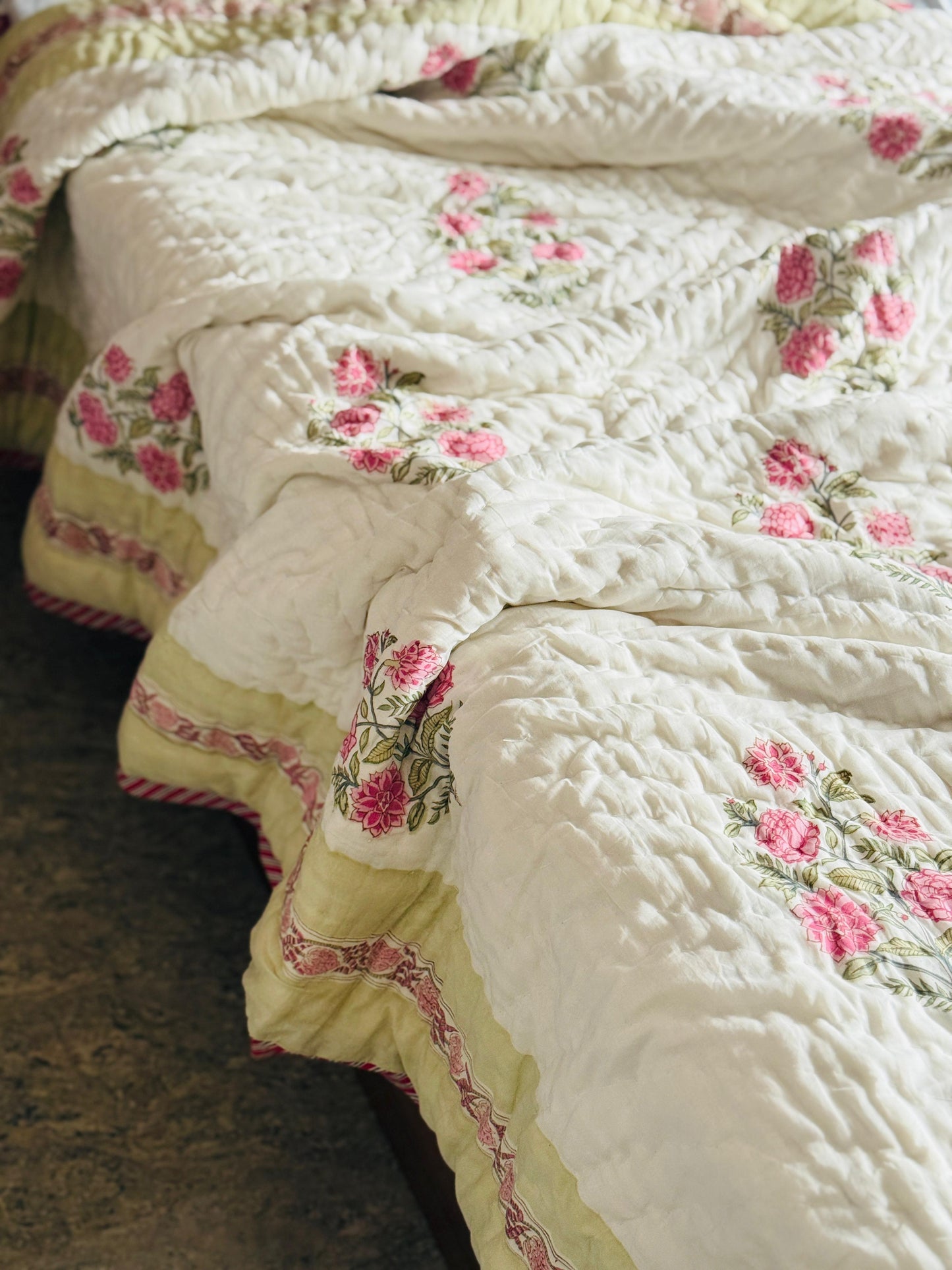 Block printed muslin quilt