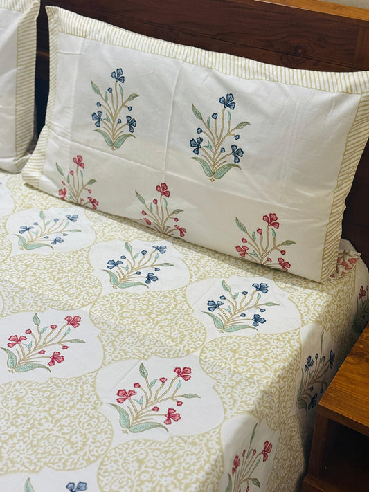 OLIVE BLOOM - Block printed bed sheet set