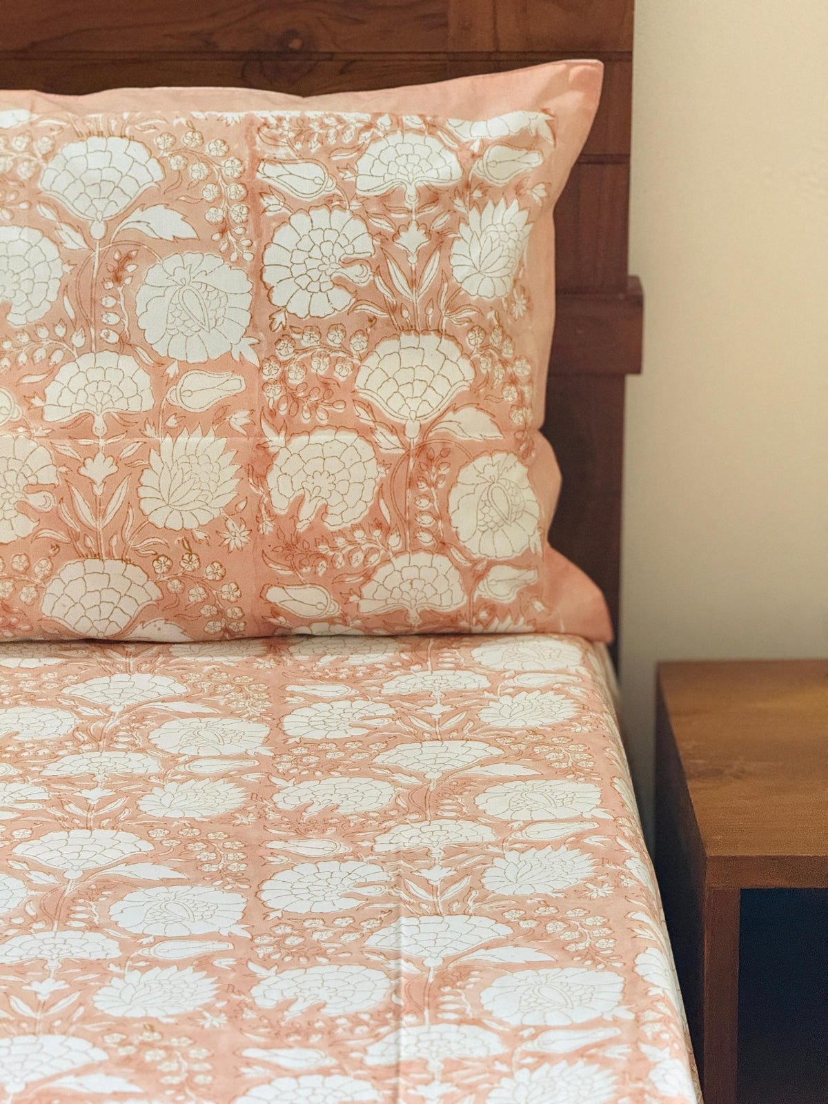 PEACH BLOSSOM - Block printed bed sheet set