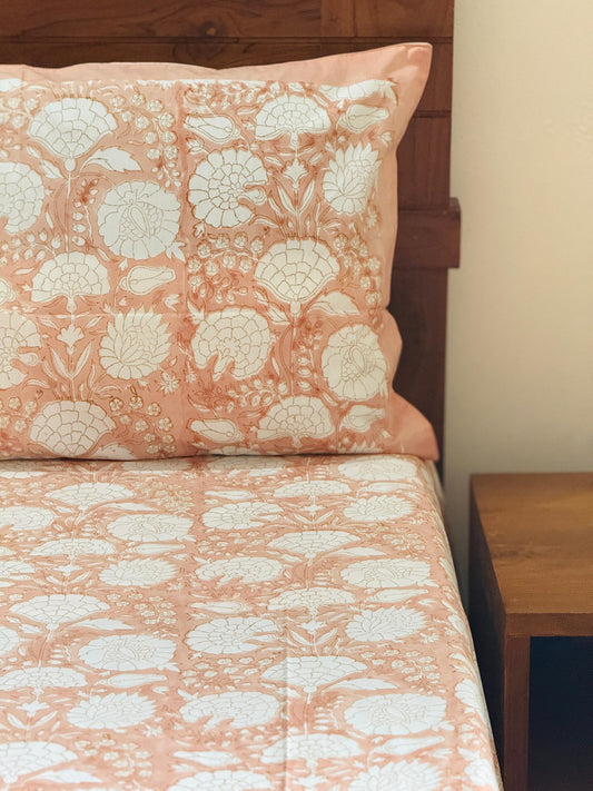 PEACH BLOSSOM - Block printed bed sheet set