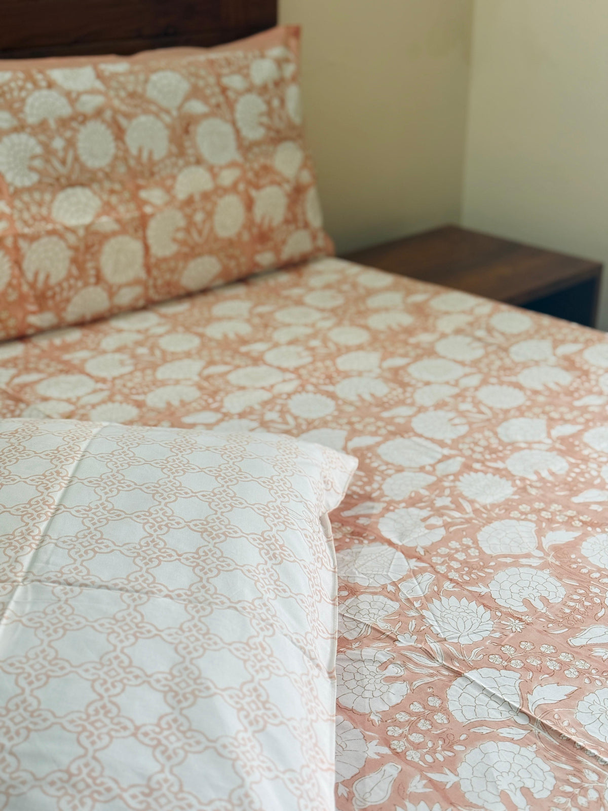 PEACH BLOSSOM - Block printed bed sheet set