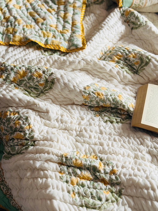 Block printed muslin quilt